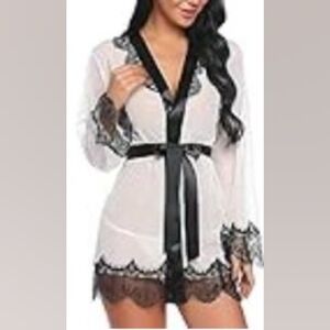 Sexy white sheer robe w/black satin & lace trim